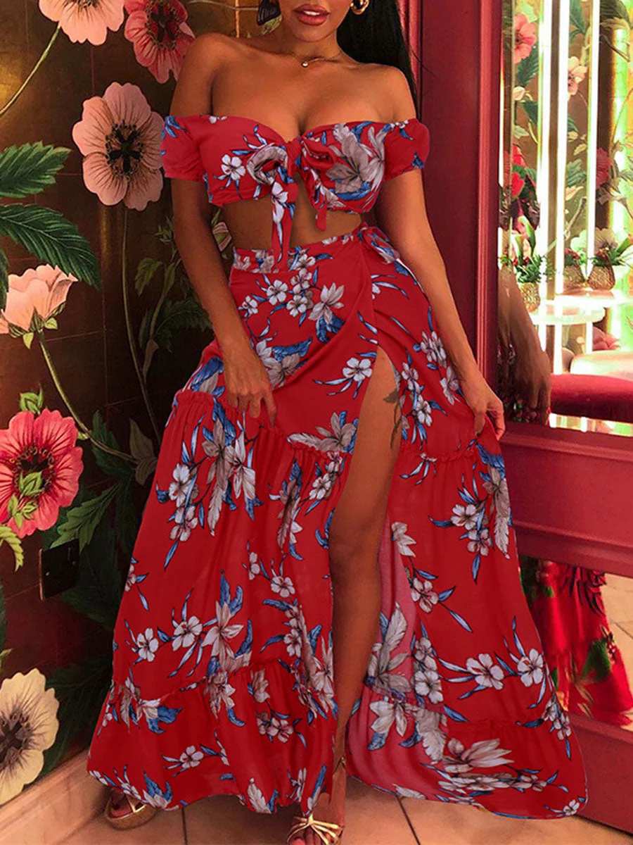 Off Shoulder Crop top Floral Skirt Set Floral Dress