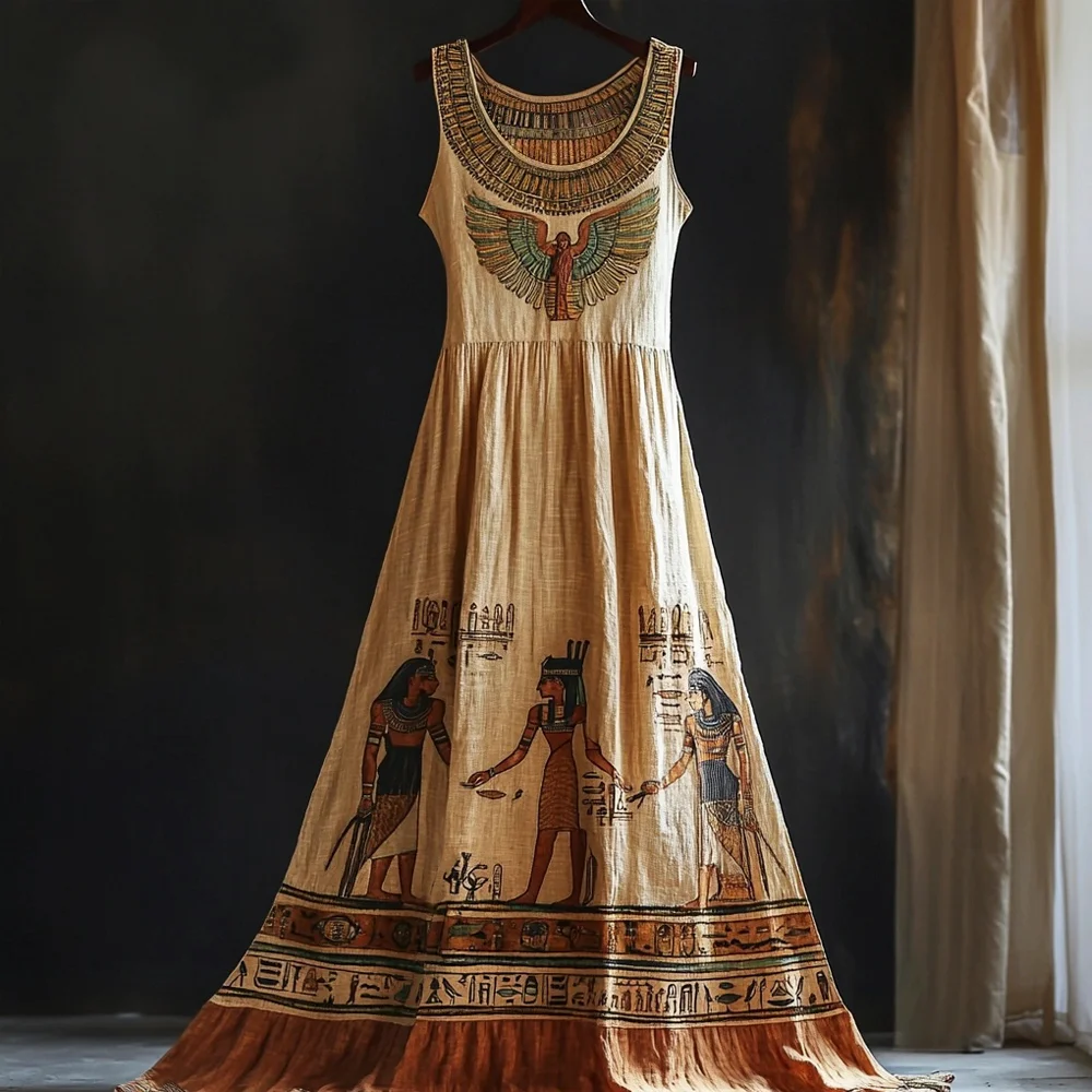 Egyptian Temple Elements Embroidered Women's Linen Vest Maxi Dress