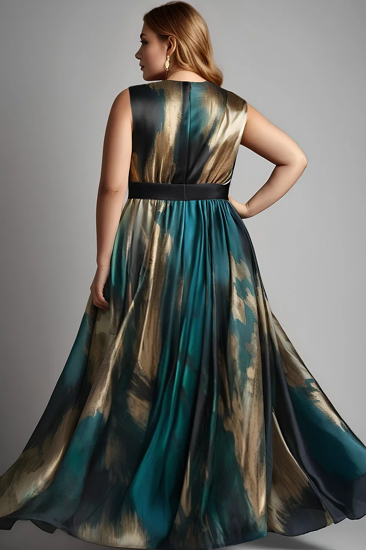 Flycurvy Plus Size Wedding Guest Black Satin Printed Wrap Sleeveless Maxi Dress