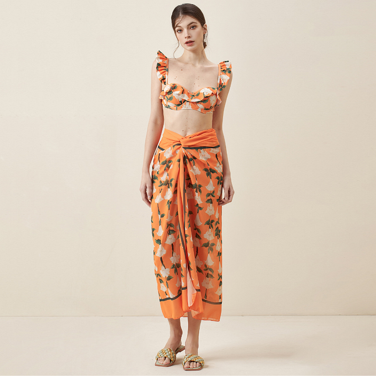 Flaxmaker Orange Mini Ruffle Floral Print Bikini Swimsuit and Sarong