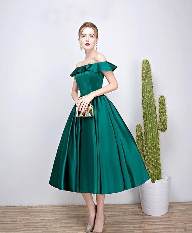Green Satin Short Prom Dress, Green Evenig Dress
