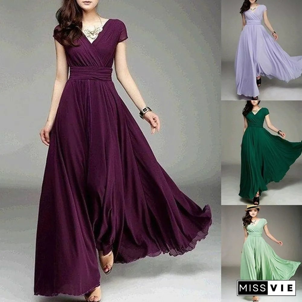 Womens Fashion Spring Summer Autumn Bohemian Maxi Dress Beach Evening V-Neck Sexy Women