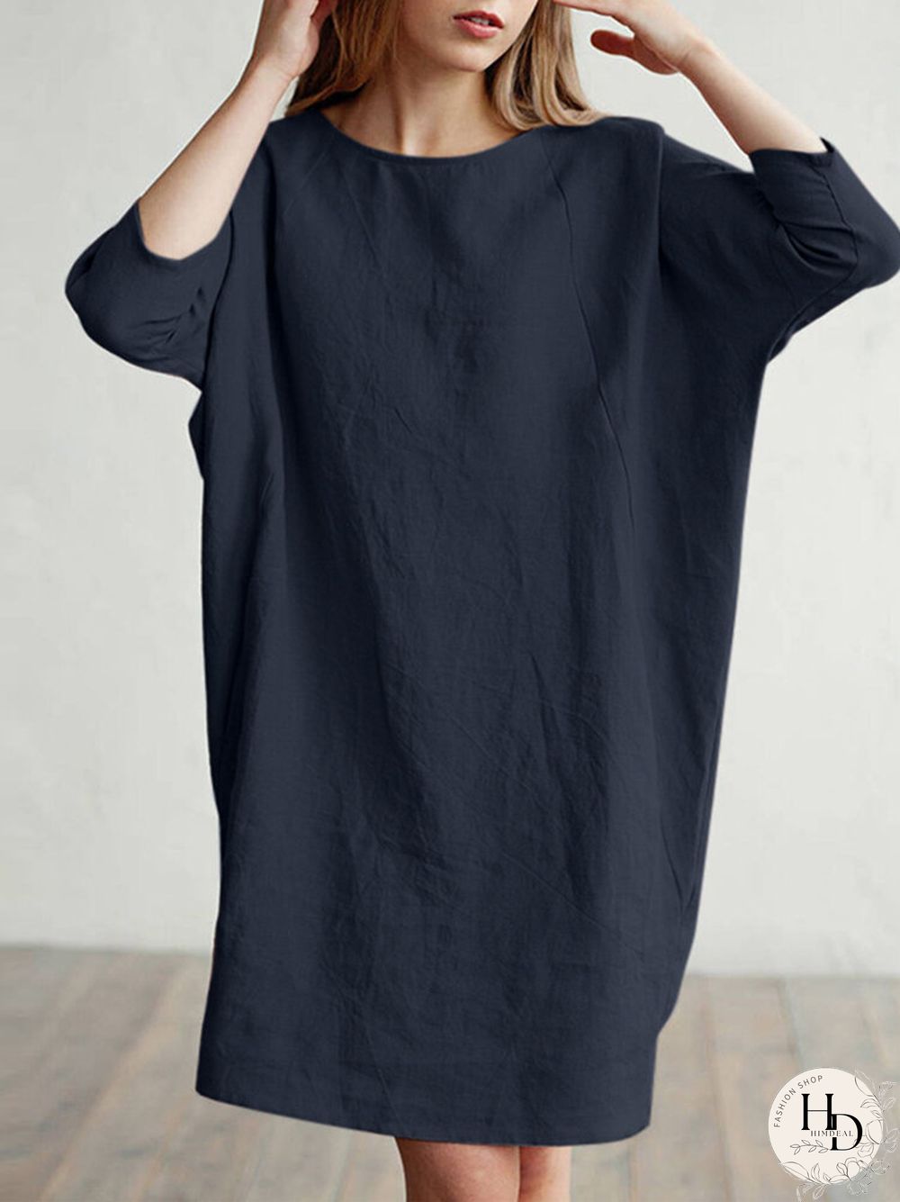 Solid Color 3\/4 Sleeve O-neck Pocket Cotton Dress