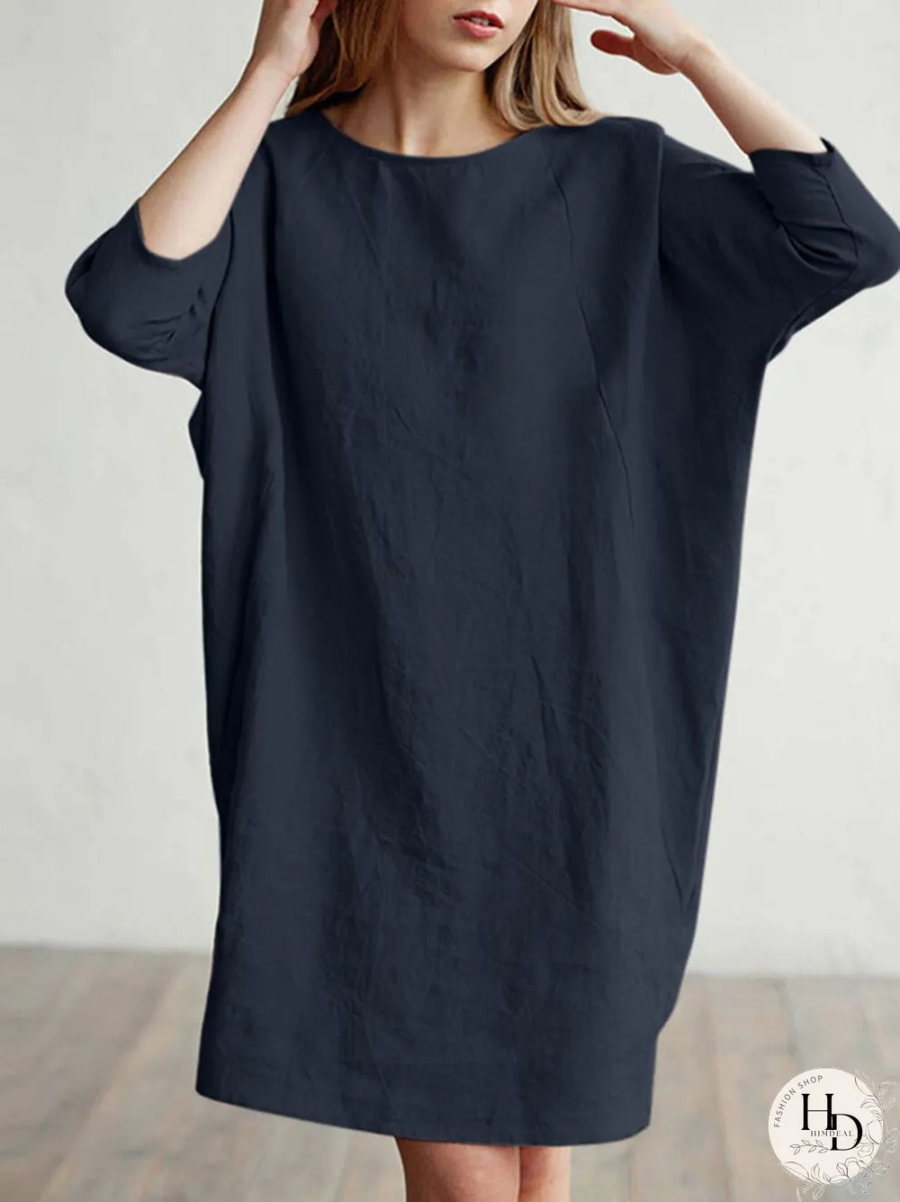 Solid Color 3\/4 Sleeve O-neck Pocket Cotton Dress