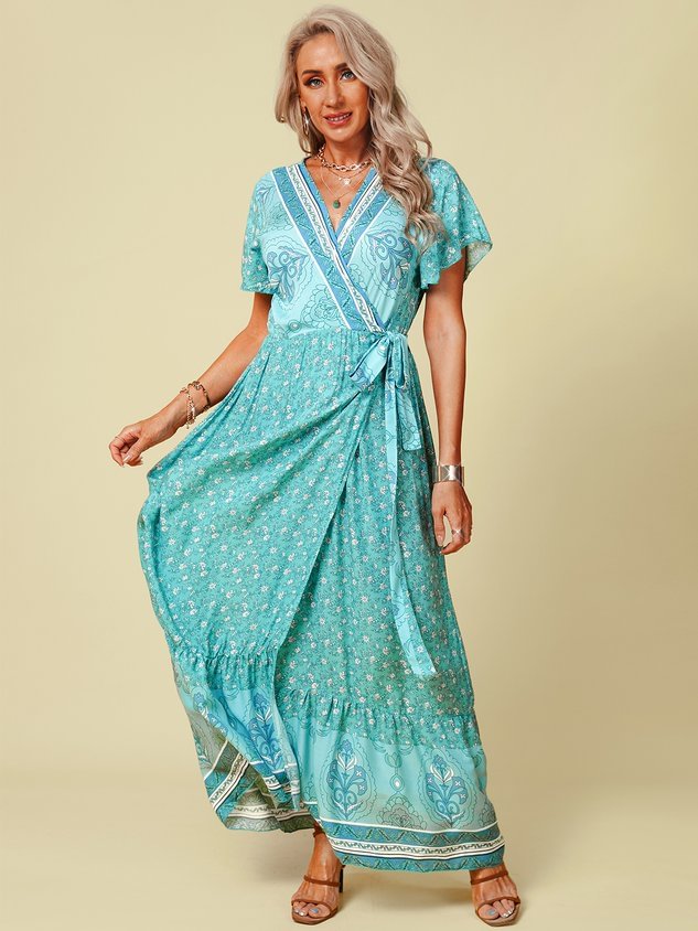 V Neck Boho Short Sleeve Weaving Dress