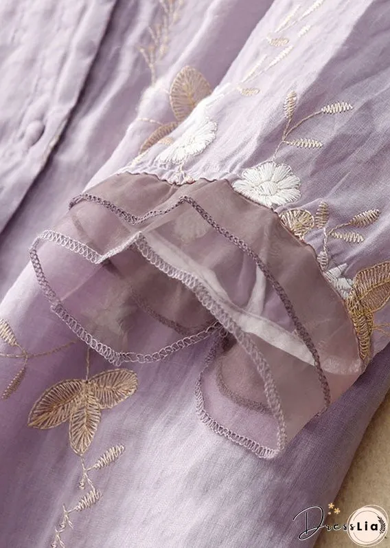 Purple Patchwork Cotton Shirt Tops Stand Collar Embroideried Summer