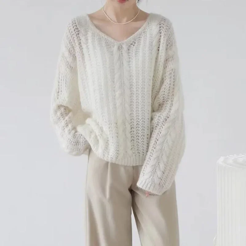 Laimisenergy Solid Casual Loose Women Sweater Autumn New V-Neck Soft Knitted Sweaters Woman Pullover Lazy Style All-Match Thin Jersey Jumper