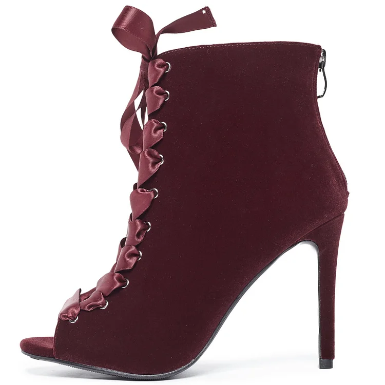 Burgundy Lace Up Boots Peep Toe Stiletto Heels Ankle Boots |FSJ Shoes