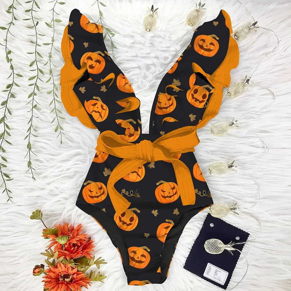 2022 New Sexy Ruffle Print Floral One Piece Strappy Slimming Swimwear Women Swimsuit Deep-V Bathing Suit Beach Wear Monkini