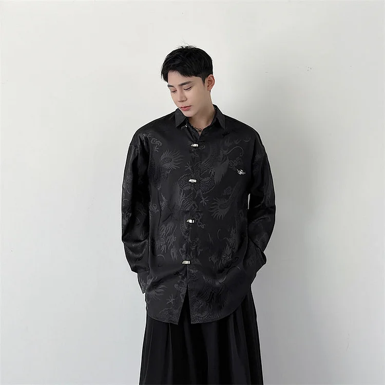 Dawfashion Techwear Streetwear-Niche New Chinese Jacquard Silk Silk No-scald Metal Buttoned Loose Shirts-Streetfashion-Darkwear-Techwear