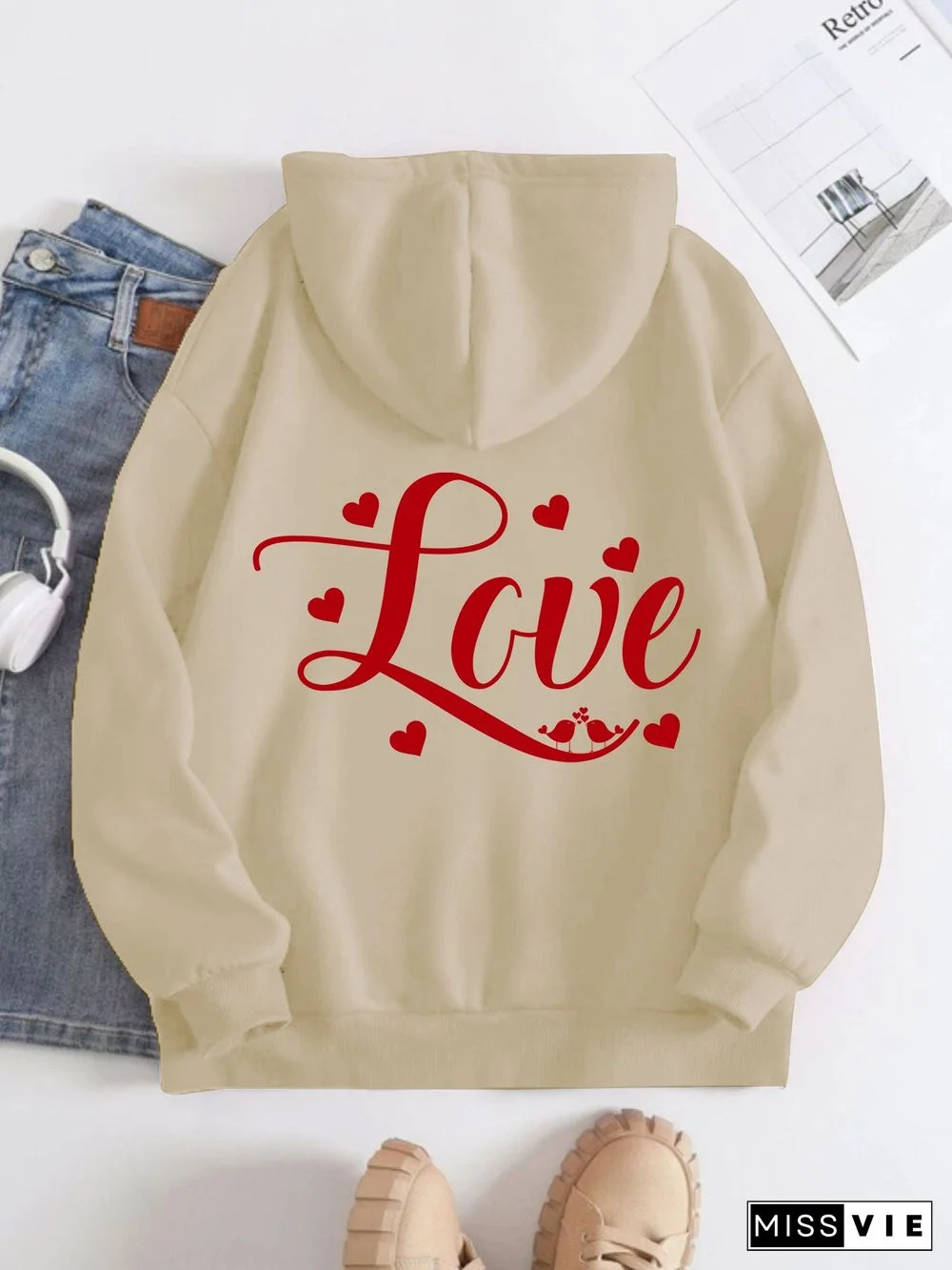 Printed on the Back Kangaroo Pocket Hoodie Long Sleeve for Women Pattern Love