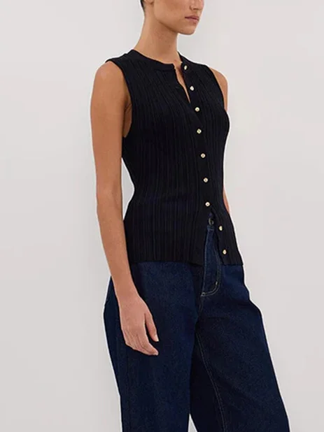 Uveng Uveng Summer Sleeveless Single-Button Clasp Knit Small Cardigan New Tight Vest Explosion