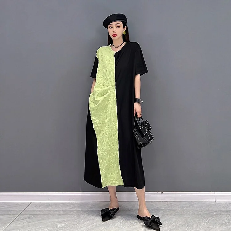 Vogue O-neck Asymmetrical Pleated Stitching Short Sleeve Dress 