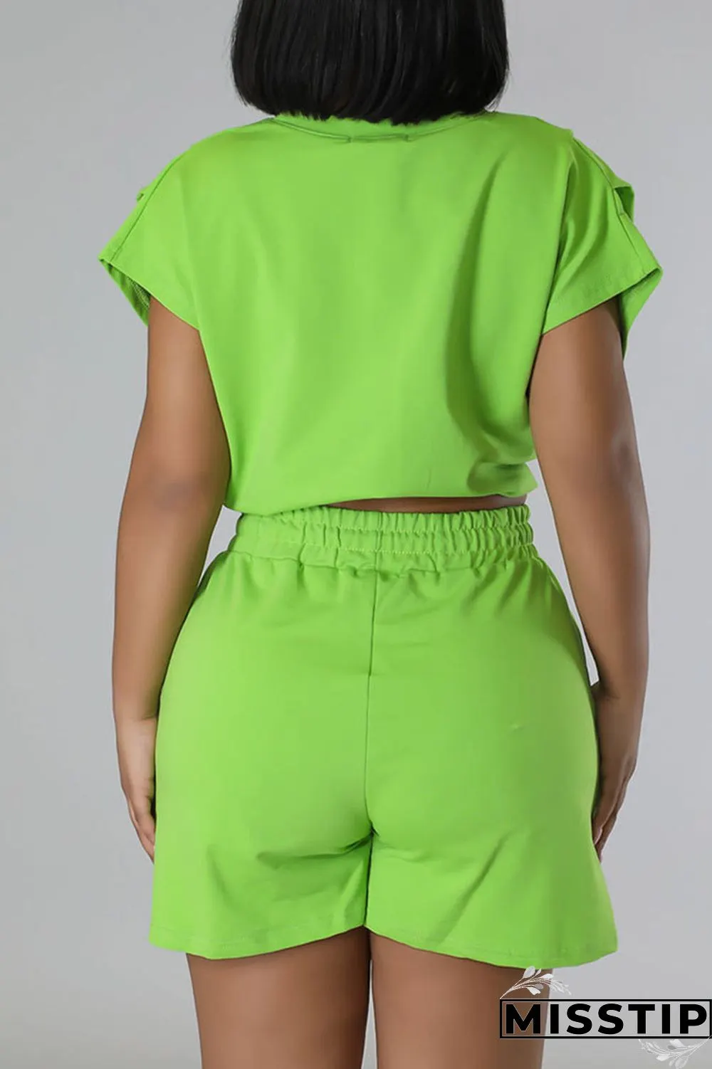 Green Casual Print Patchwork Draw String O Neck Short Sleeve Two Pieces