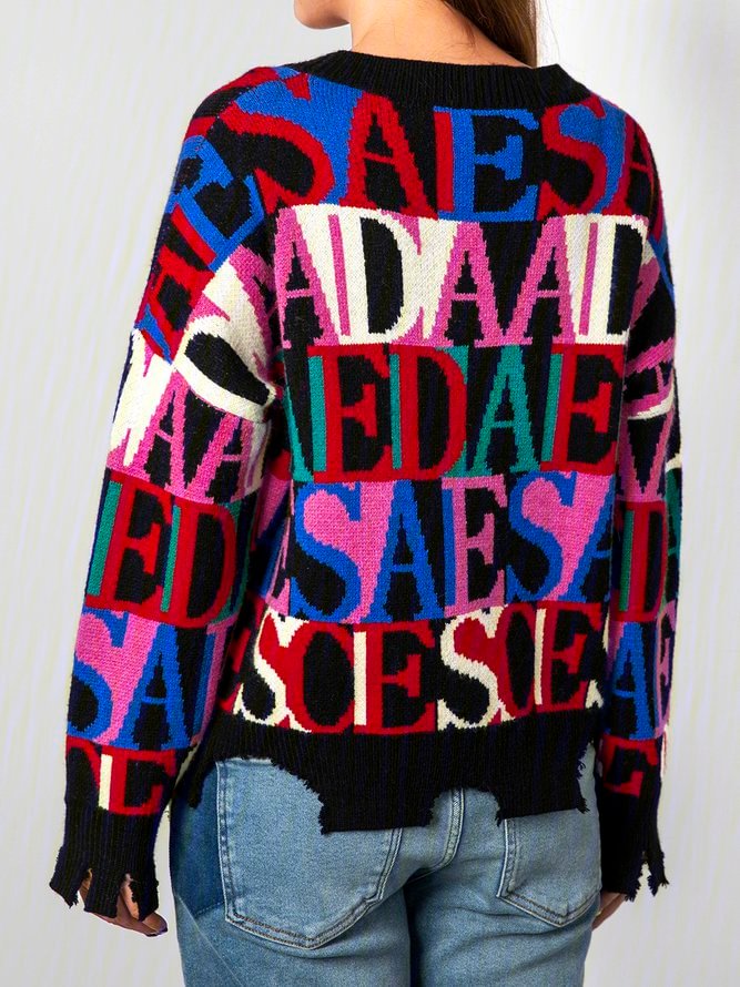 Multicolor Knitted Cotton-Blend Casual Sweater