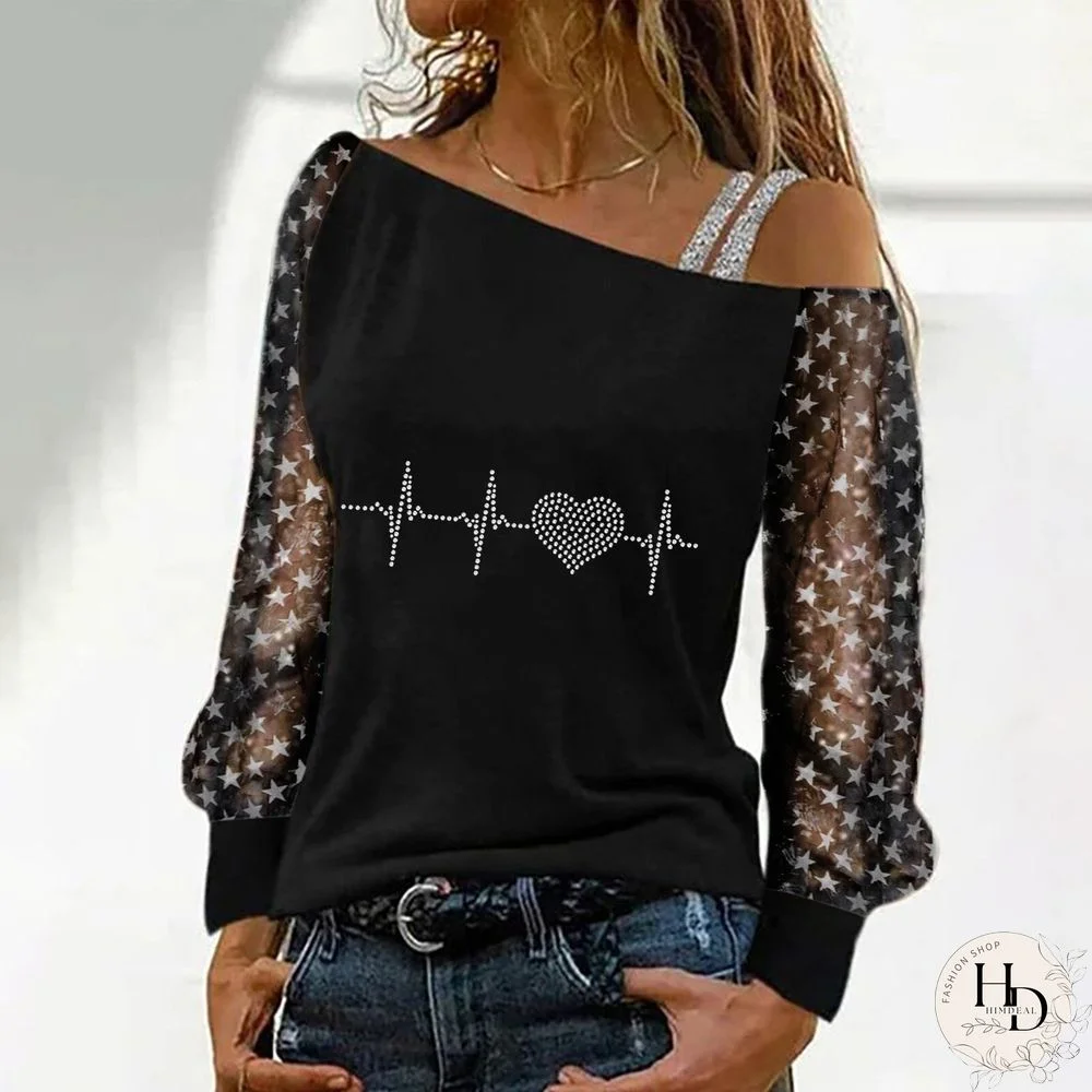 Starry Sleeve Rhinestone Black Top