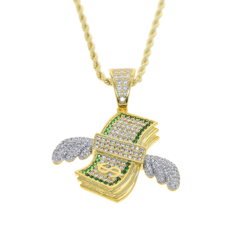 Iced Out Two Tone Dollar Money Flying Cash Pendant Necklace-VESSFUL