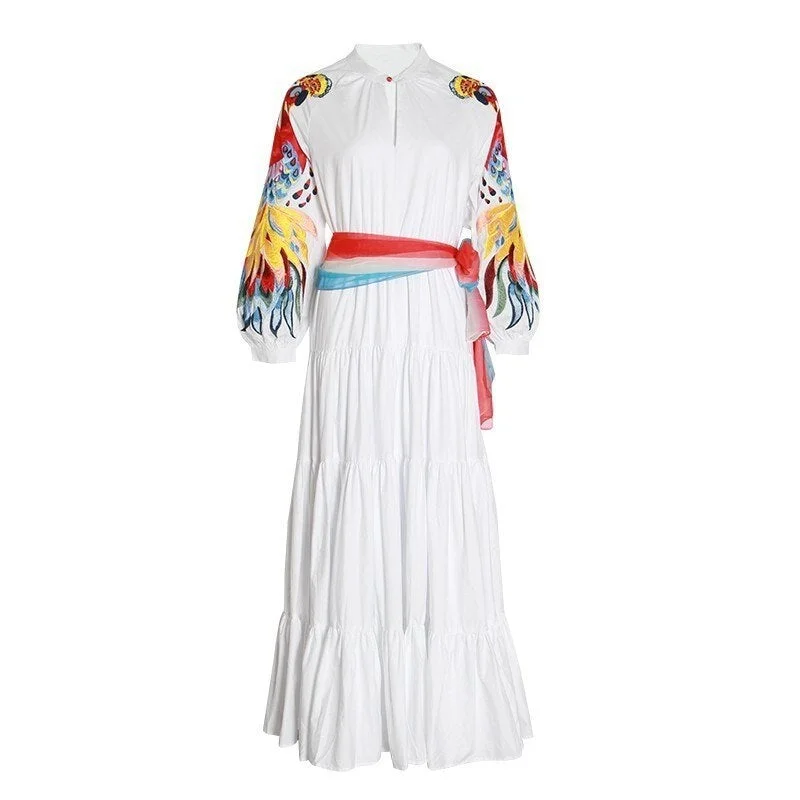 Phoenix floral embroidery long sleeve cotton dresses women 2020 vintage sashes boho white dress vestidos ethnic tunic