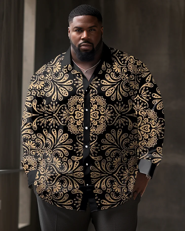 Men's Large Size Casual Geometric Flower Patterns Lapel Long Sleeve Shirt