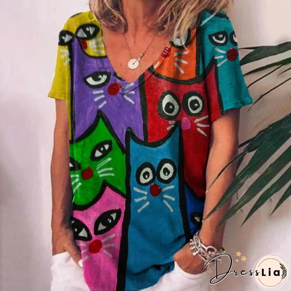 V Neck Black Cat Printed Pink T-Shirt