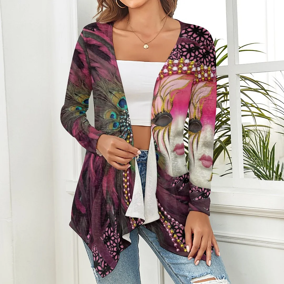 Beautiful Beads Feathers Mardi Gras Mask Flowy Summer Kimono Cardigans Tops Boho Print Beach Cover Ups Casual Loose Shirts