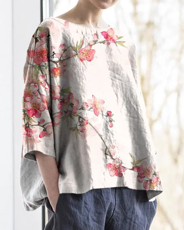 Japanese Floral Print Round Neck Cotton and Linen Loose Top