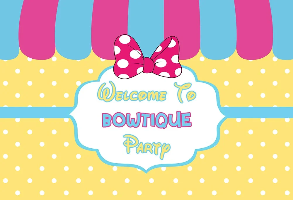 Yellow Welcome to Bowtique Party Cartoon Theme Happy Birthday Party Backdrop RedBirdParty