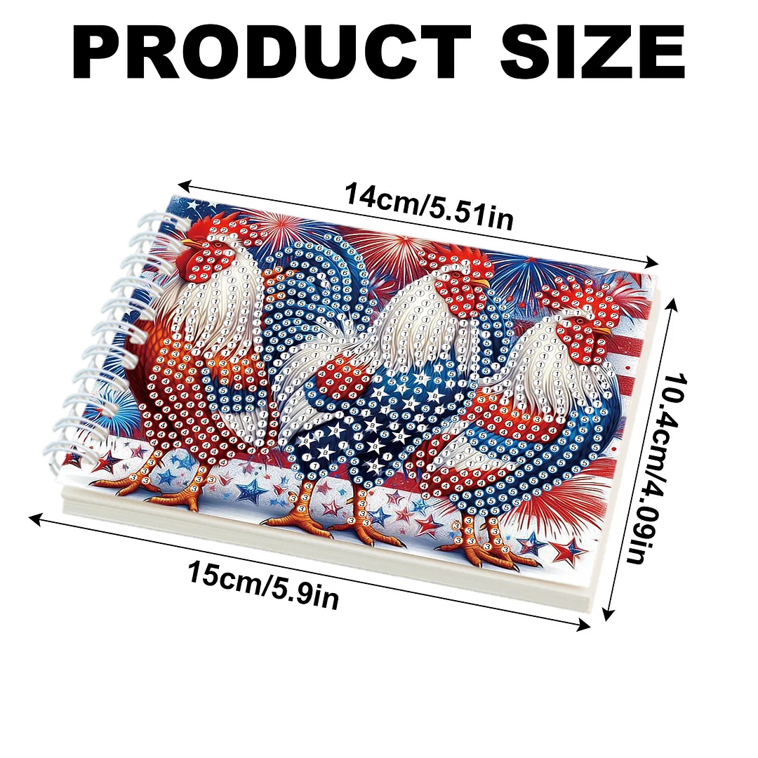 2 Pack USA Flag Rooster DIY Diamond Art Spiral Notebook Kit 80Pages No Lines