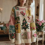 Women's Christmas Tree And Rose Pattern Knitted Crew Neck Sweater Dress - Image 2