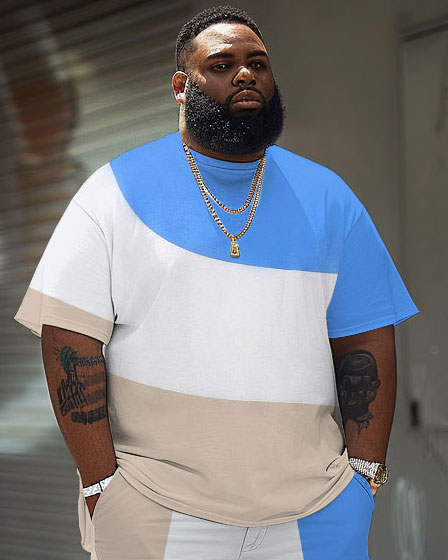 Men's Plus Size Colorblock Short Sleeve T-shirt and Shorts Set