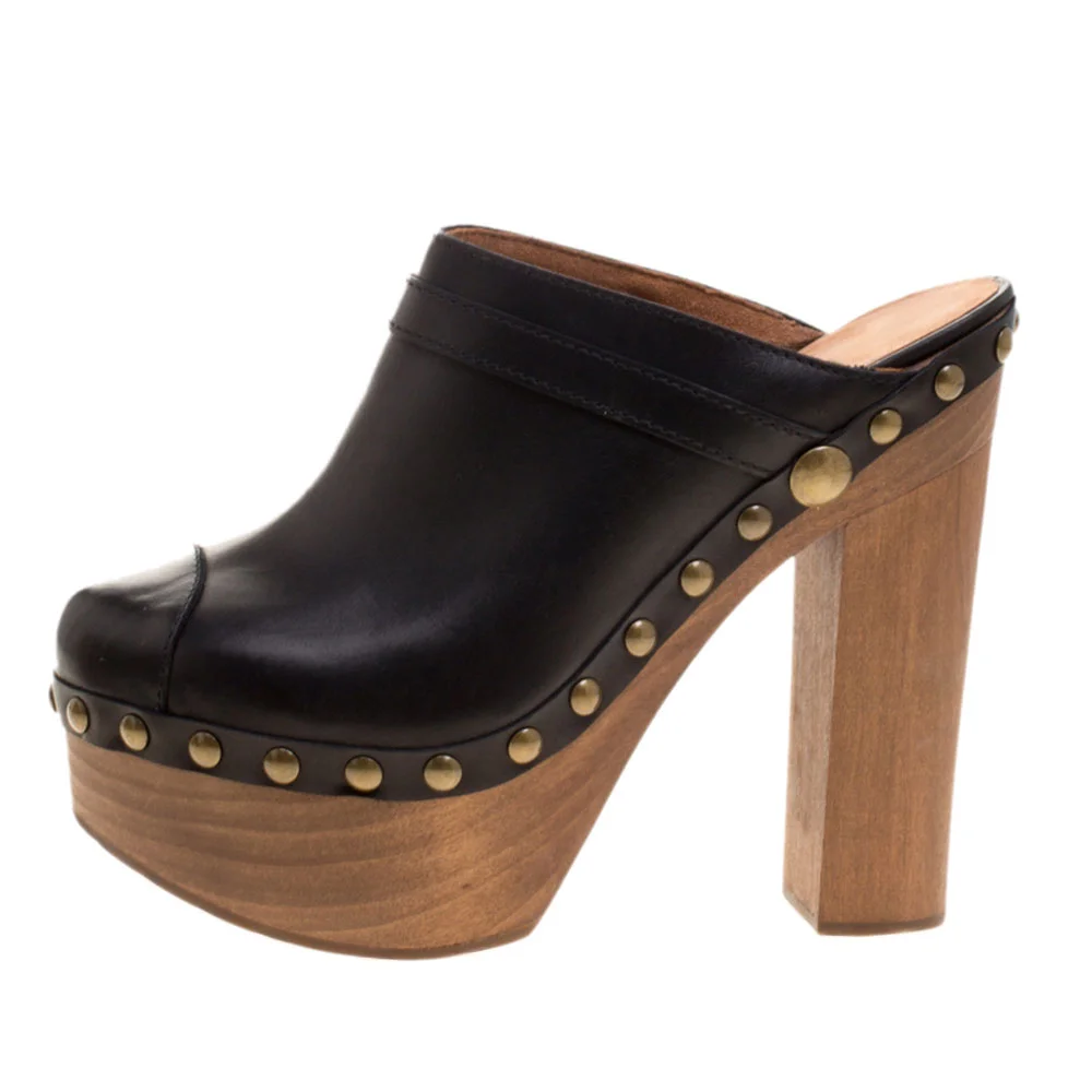 YDN Black Vegan Leather Studded Round Toe Platform Clog Heels