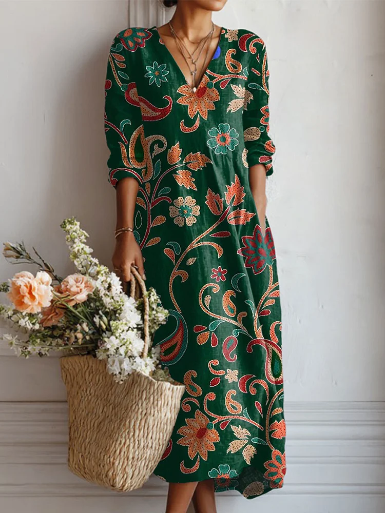 Women's Vintage Flower Art Print Linen Pocket Dress