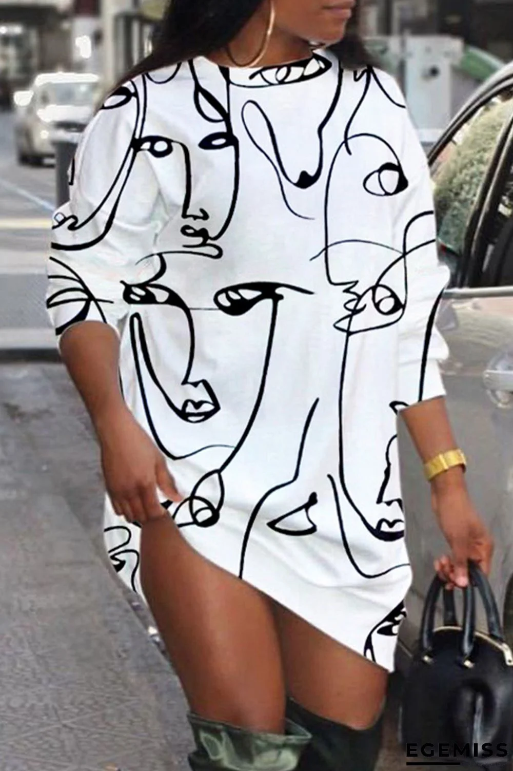 White Casual Daily Print Patchwork O Neck Long Sleeve Dresses | EGEMISS