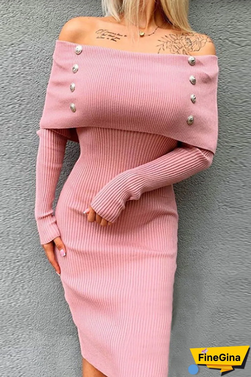 Sweet Elegant Solid Buttons Off the Shoulder One Step Skirt Dresses
