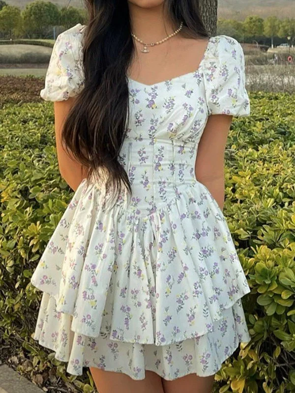 Brownm Floral Print Corset Slim Mini Dress with Puff Sleeves