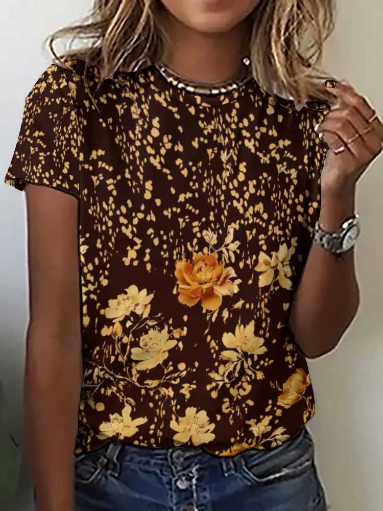 Printed Short Sleeve Casual T-shirt for  Women and Men Unisex Pattern Black,Khaki,Floral