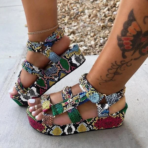 Women Summer Colored Snakeskin Pattern Platform Sandals