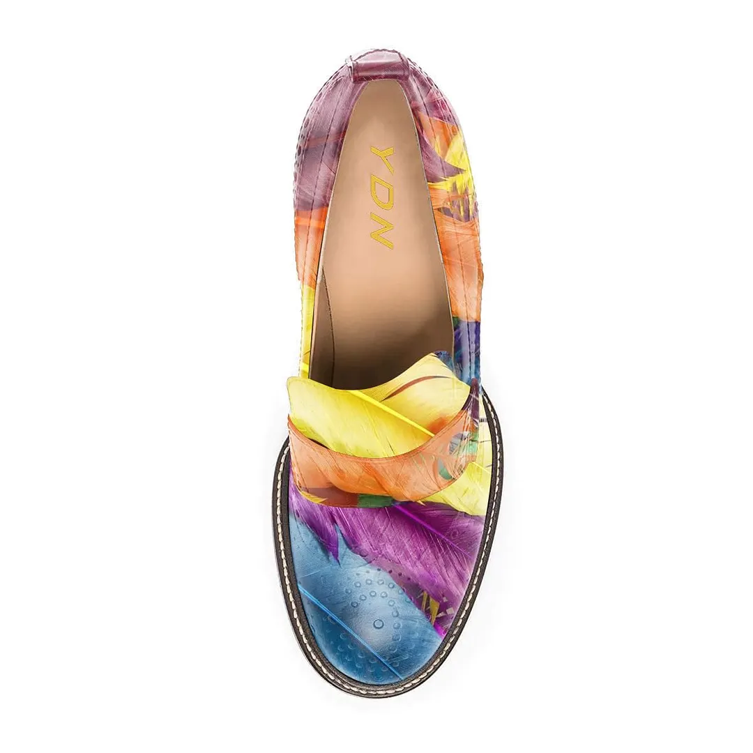 Colorful Perforated Chunky Heel Women's Loafers with Feather Print