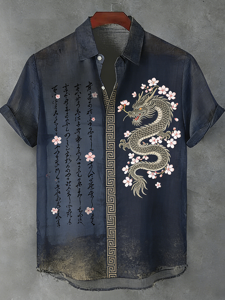 Japanese-style Dragon And Cherry Blossom Retro Cotton Linen Flowy Short Sleeve Shirt elevenforest