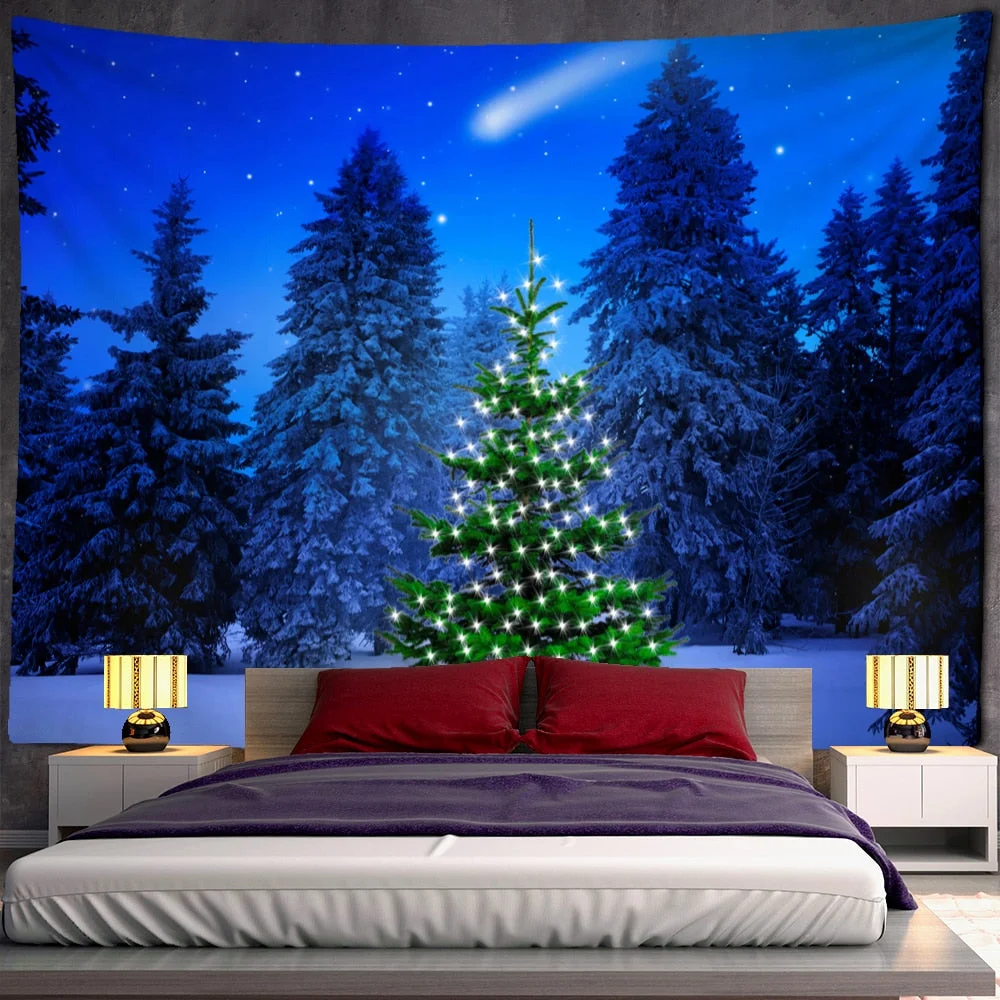 Night View Christmas Tree Tapestry Wall Hanging Holiday New Year Gift Dormitory Background Cloth Bed Curtain Home Decor