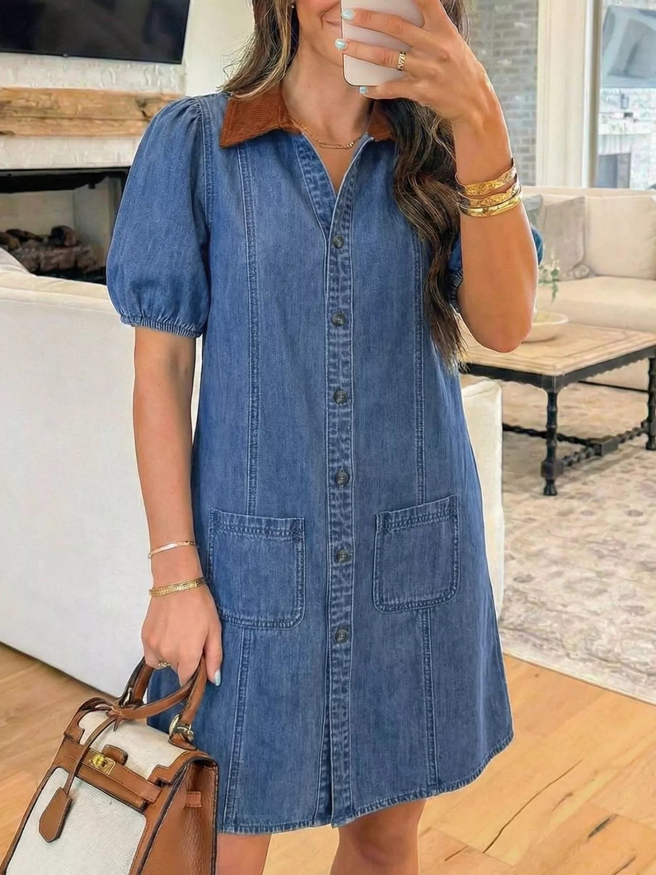 Button-Down Short Sleeve Denim Dress mysite idetrend