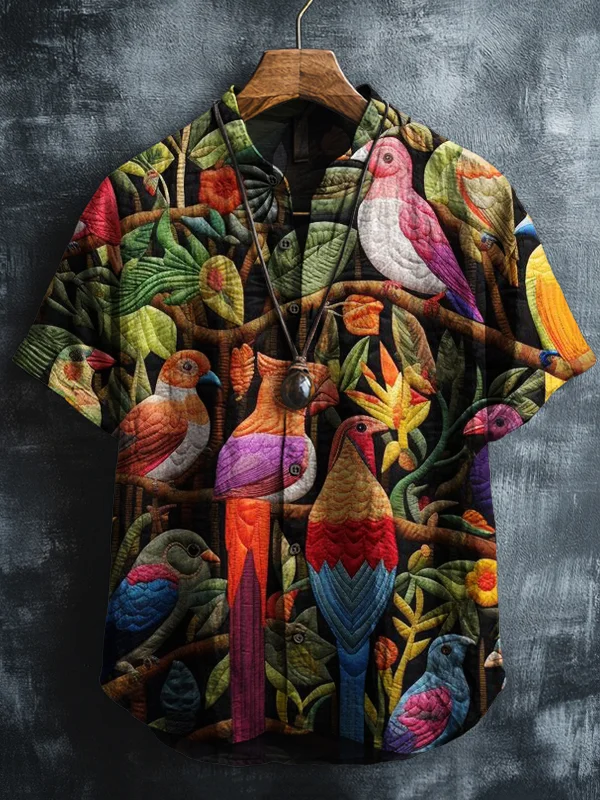 Men's Birds On The Branches Patchwork Art Print Short Sleeve Shirt