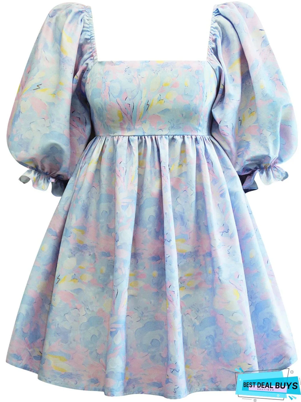 Printed Square Neck Lantern Short Sleeve Women's Dress Backless Fluffy French Princess Dress