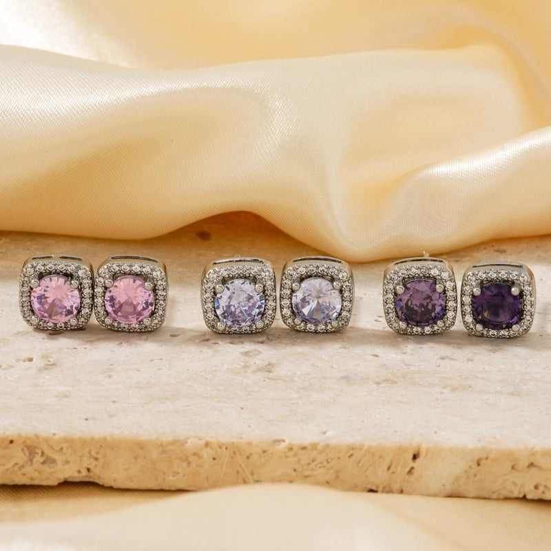 1 Pair Casual Minimalist Square Inlay Copper Zircon Silver Plated Ear Studs