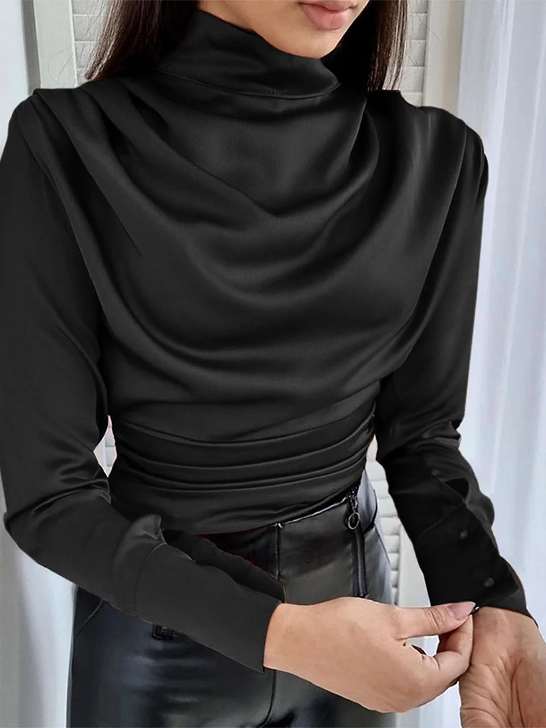 Celmia Vintage Party Tops 2022 Fashion Pleated Solid Satin Blusas Stacking Women Long Sleeve Elegant Blouses High Collar Shirt