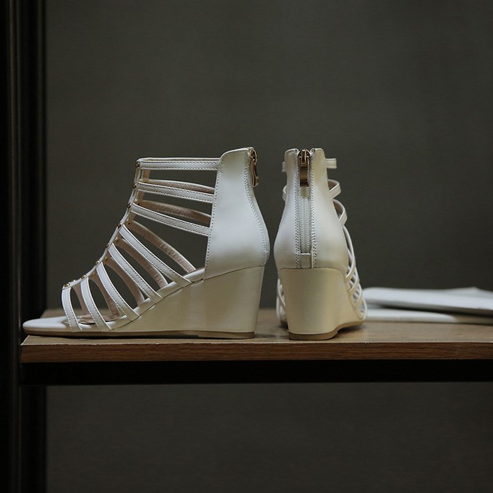 White Vegan Leather Open Toe Wedge Heel Gladiator Sandals with Studs Nicepairs
