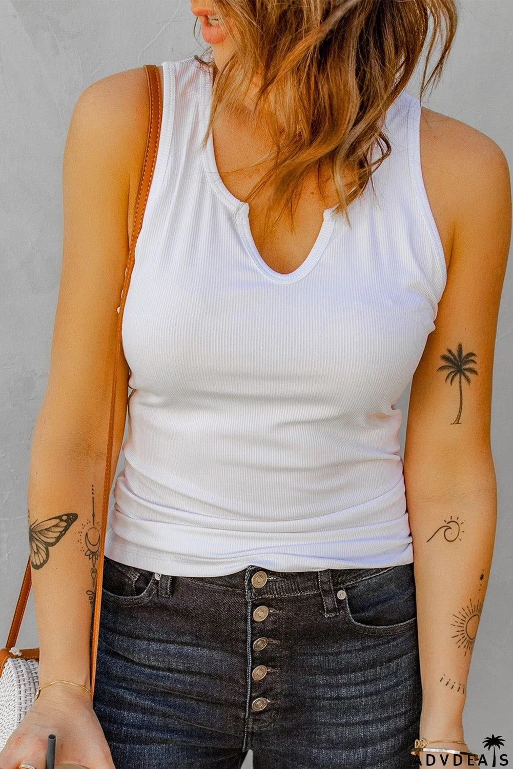 Split Neck Ribbed Knit Tank Top