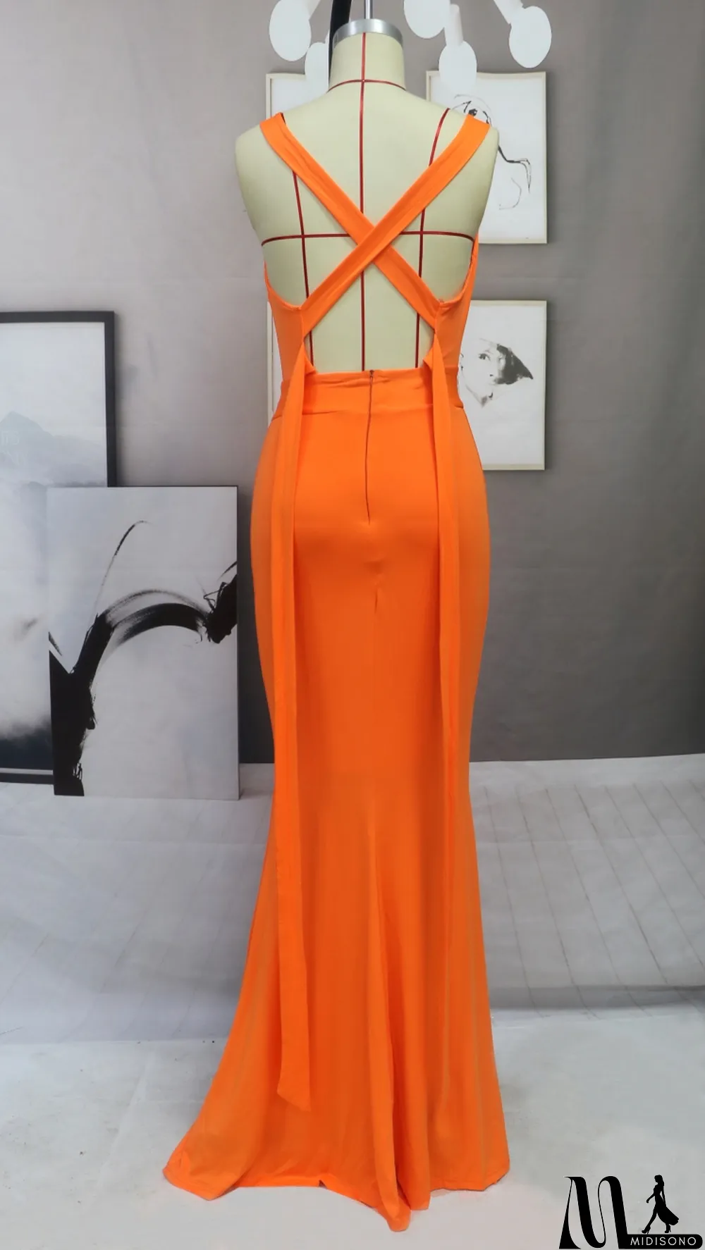MidiSono - Summer Sexy Orange Plunge Neck Strapless Mermaid Evening Dress