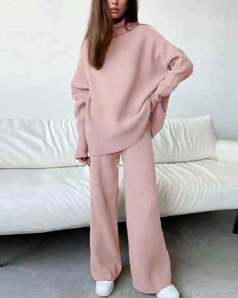 Solid Color Turtleneck Knit Sweater & Pants Two Piece Set