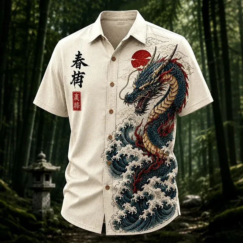 Men's Dragons And Waves Japanese Art Print Casual Shirt  artssus